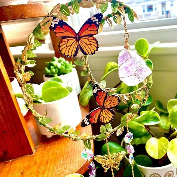 Crystal Suncatcher for Windows - Moon Shaped with Enchanting Butterfly Design - Hanging Crystal Wind Chimes, Rainbow Maker Gifts, Window Decor