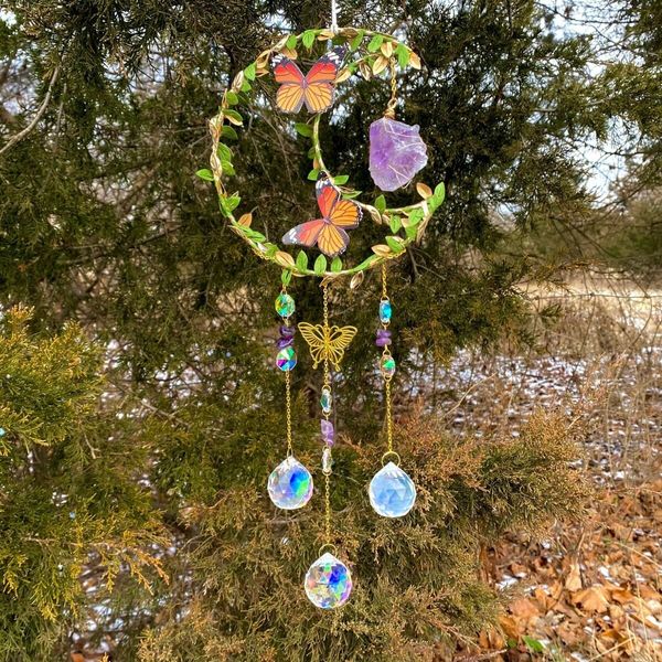 Crystal Suncatcher for Windows - Moon Shaped with Enchanting Butterfly Design - Hanging Crystal Wind Chimes, Rainbow Maker Gifts, Window Decor