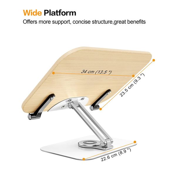 Book Stand for Reading,Adjustable Holder with 360°Rotating Base & Page Clips,Foldable Desktop Ricer for Cookbook,Sheet Music,Laptop,Recipe,Textbook,Hands Free,Wood,Aluminium