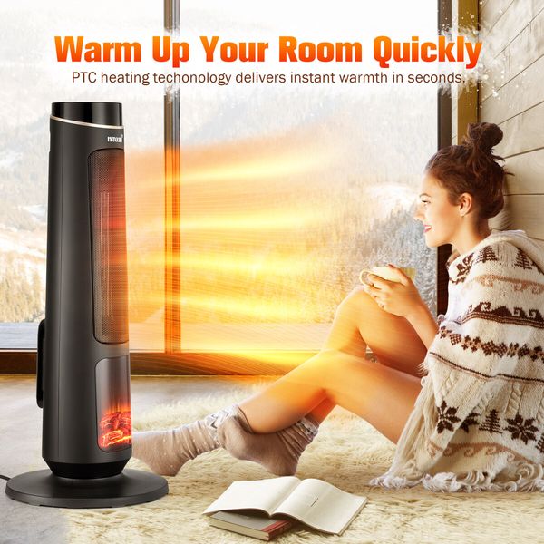 2000W Electric Heater Space Tower Room Indoor Energy Efficient Portable Fireplace Instant Oscillating Warmer Cooling Fan Remote Maxkon