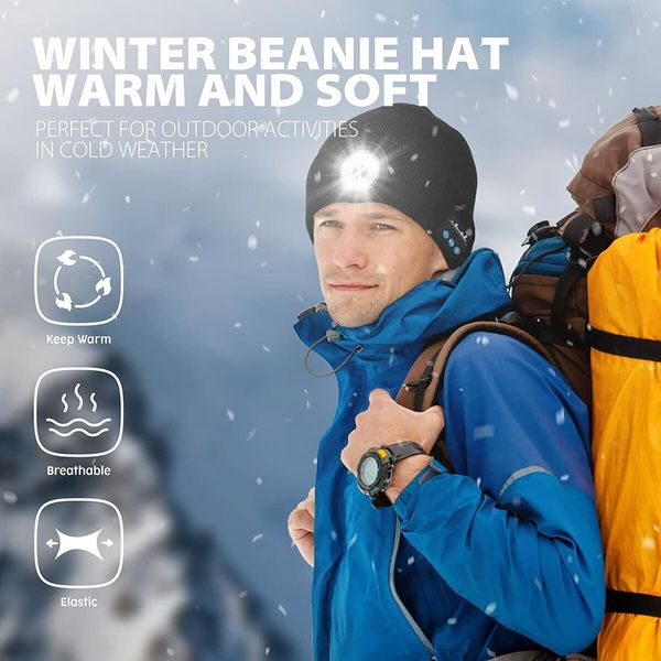 Men's Beanie with Bluetooth and LED, 2 in 1 Rechargeable Winter Beanie V5.0 Bluetooth Hat