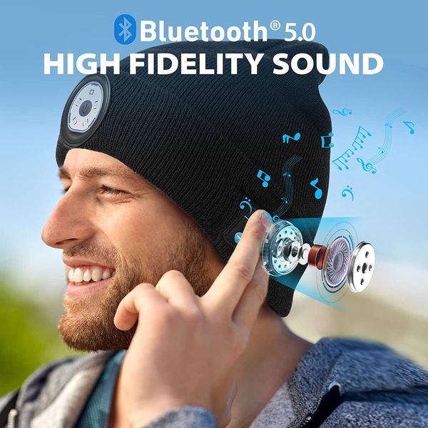 Men's Beanie with Bluetooth and LED, 2 in 1 Rechargeable Winter Beanie V5.0 Bluetooth Hat