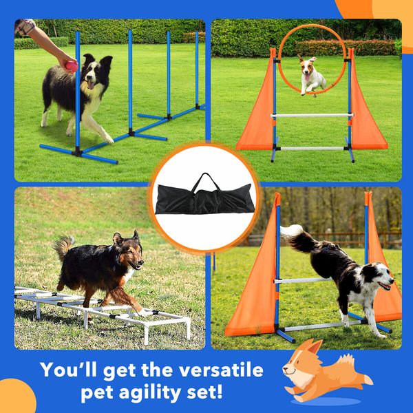 Dog Agility Training Equipment 5 Set Pet Obstacle Course Sports Exercise Kit Ladder Weave Poles Jump Bar Hurdle Ring Hoop Carry Bag