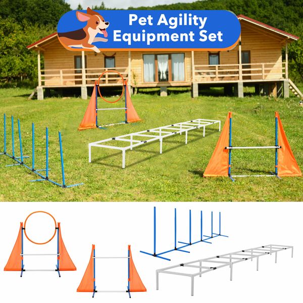 Dog Agility Training Equipment 5 Set Pet Obstacle Course Sports Exercise Kit Ladder Weave Poles Jump Bar Hurdle Ring Hoop Carry Bag