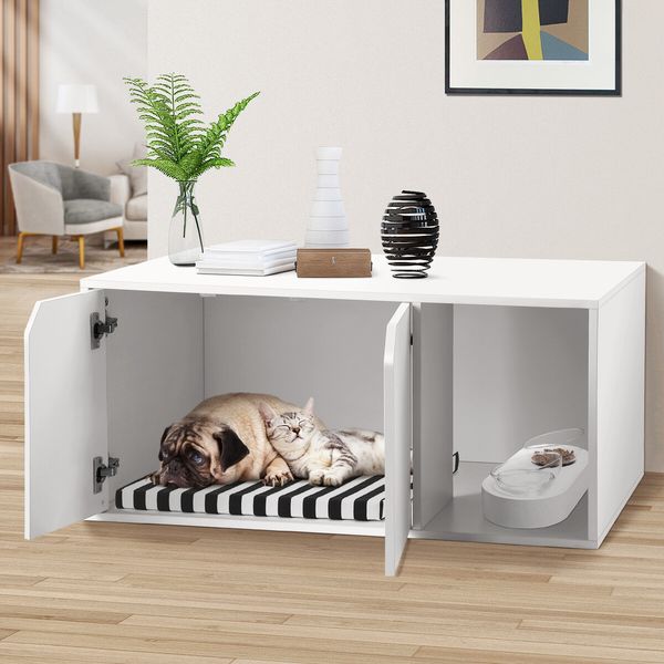 Cat Litter Box Enclosure Pet Furniture Hidden House Storage Bench Table Cabinet Kitty Washroom with Cushion