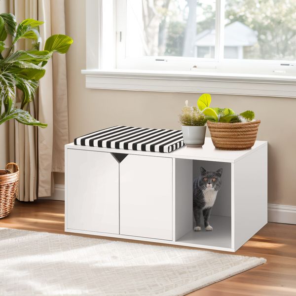 Cat Litter Box Enclosure Pet Furniture Hidden House Storage Bench Table Cabinet Kitty Washroom with Cushion