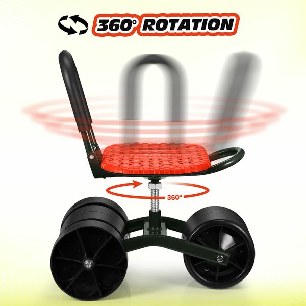 Gardening Work Stool Rolling Seat with Wheels Height Adjustable Folding 360 Degree Rotate Home Yard Weeding Helper Farm Cart Red