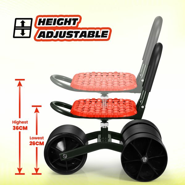 Gardening Work Stool Rolling Seat with Wheels Height Adjustable Folding 360 Degree Rotate Home Yard Weeding Helper Farm Cart Red