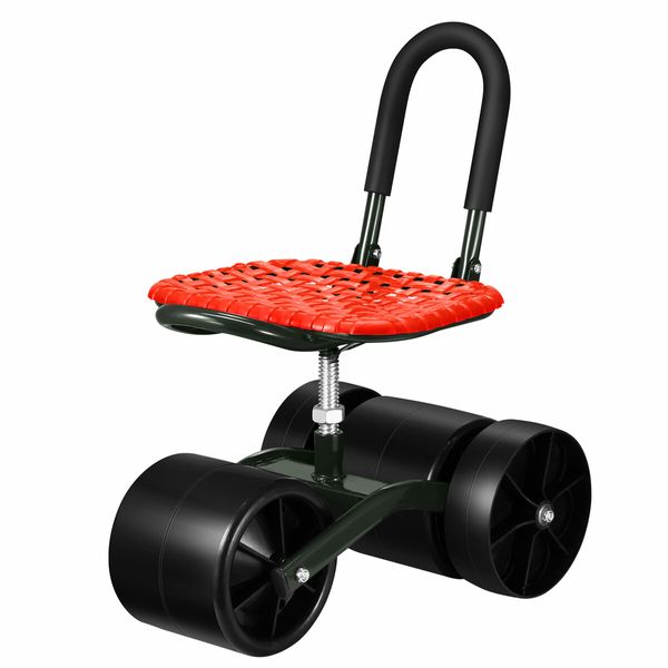 Gardening Work Stool Rolling Seat with Wheels Height Adjustable Folding 360 Degree Rotate Home Yard Weeding Helper Farm Cart Red