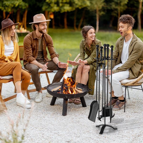 5PCS Fireplace Tool Set Fire Poker Firepit Tongs Accessories Brush Shovel Cast Iron Black