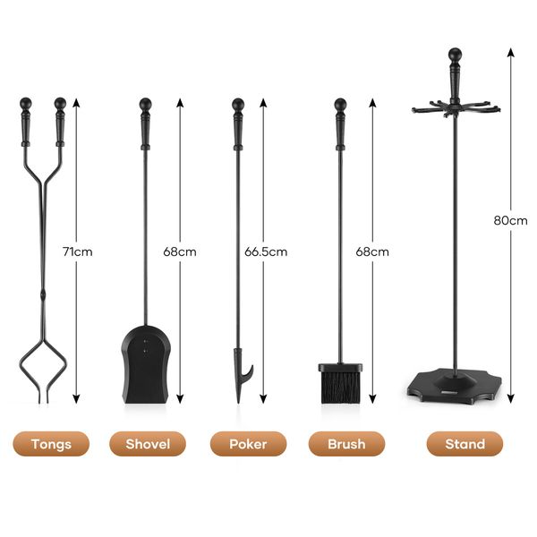 5PCS Fireplace Tool Set Firepit Accessories Poker Fire Tongs Shovel Brush Black Cast Iron