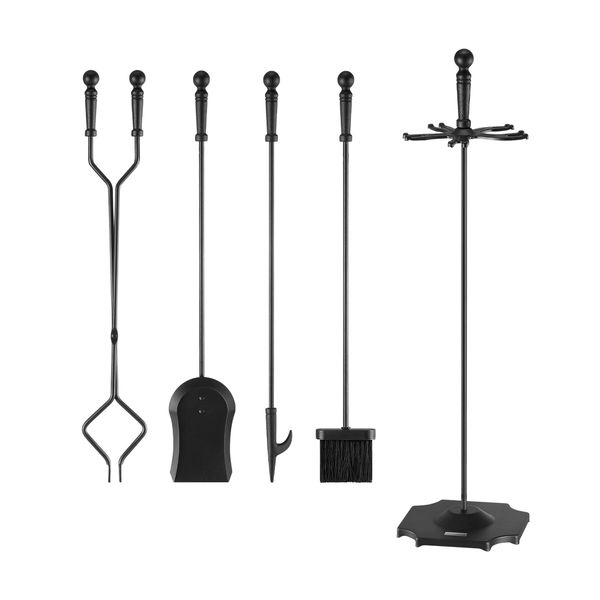 5PCS Fireplace Tool Set Firepit Accessories Poker Fire Tongs Shovel Brush Black Cast Iron