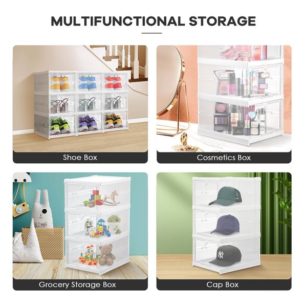 3 Tier Shoe Boxes Organiser Storage Shoebox Containers Clear Plastic Display Case Sneaker Bins Holder Stackable Folding