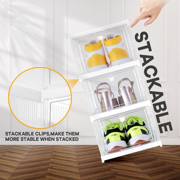 3 Tier Shoe Boxes Organiser Storage Shoebox Containers Clear Plastic Display Case Sneaker Bins Holder Stackable Folding