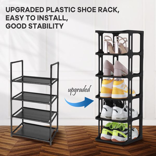 Shoe Storage Rack Shelf Organiser Stand 6 Tier Vertical Plastic Holder Tower Display Unit Sneaker Organizer Stackable