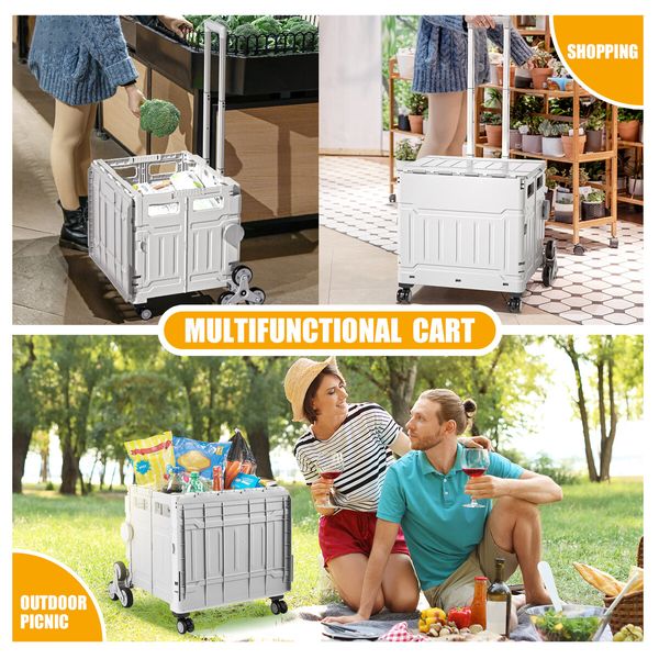 Foldable Shopping Cart Trolley Basket Stair Climbing Utility Crate Luggage Grocery Storage Rolling Stairs Personal Travel Market Camping Seat 75L