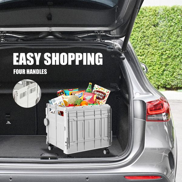 Shopping Trolley Cart Foldable Wheeled Utility Folding Crate Grocery Market Rolling Storage Basket Seat Travel Camping 4 Wheels 75L