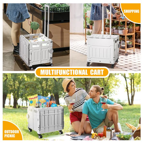 Shopping Trolley Cart Foldable Wheeled Utility Folding Crate Grocery Market Rolling Storage Basket Seat Travel Camping 4 Wheels 75L