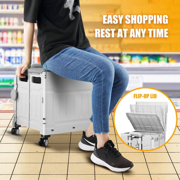 Shopping Trolley Cart Foldable Wheeled Utility Folding Crate Grocery Market Rolling Storage Basket Seat Travel Camping 4 Wheels 75L