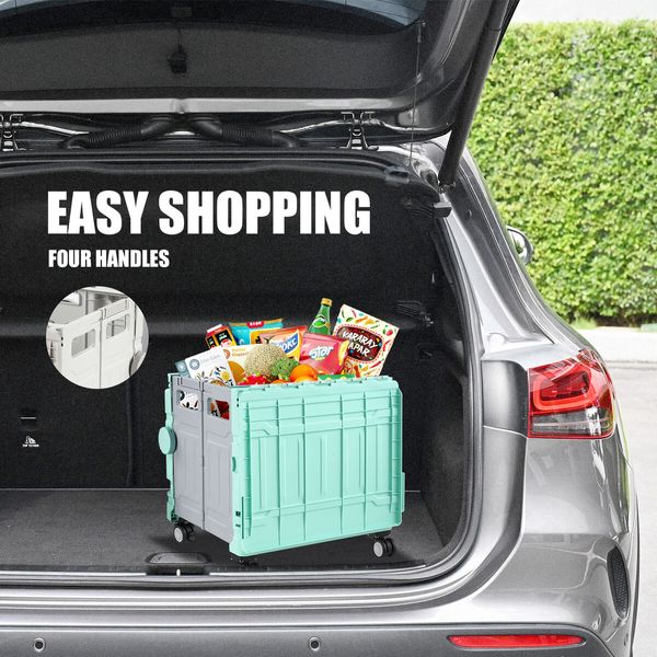 Foldable Shopping Cart Trolley Basket with Wheels Utility Grocery Market Rolling Crate Personal Storage Seat Portable Camping Travel 75L