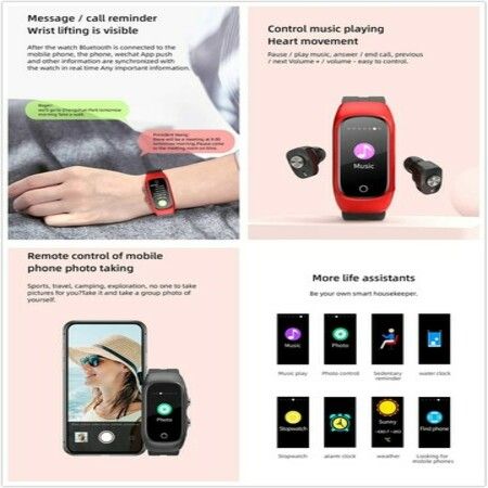 N8 2 in 1 TWS Smart Bracelet Wireless Bluetooth Headphones,Smart Watch Call Heart Rate Blood Pressure Sleep Monitor Women Men Sport Smart Band