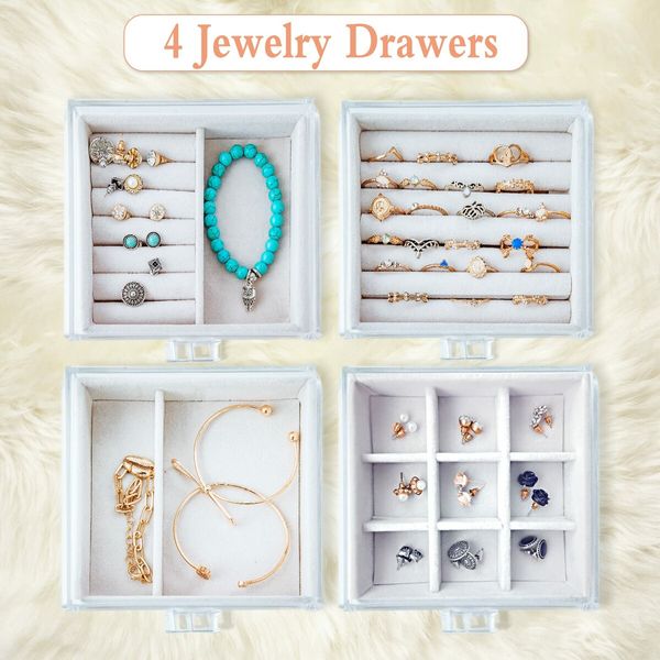 Acrylic Jewelry Organizer Box Earring Holder Jewelry Hanging Boxes with 4 Velvet Drawers Display Case Gift for Women, Girls