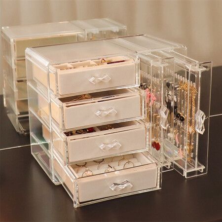 Acrylic Jewelry Organizer Box Earring Holder Jewelry Hanging Boxes with 4 Velvet Drawers Display Case Gift for Women, Girls