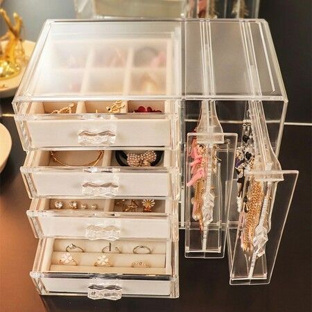 Acrylic Jewelry Organizer Box Earring Holder Jewelry Hanging Boxes with 4 Velvet Drawers Display Case Gift for Women, Girls