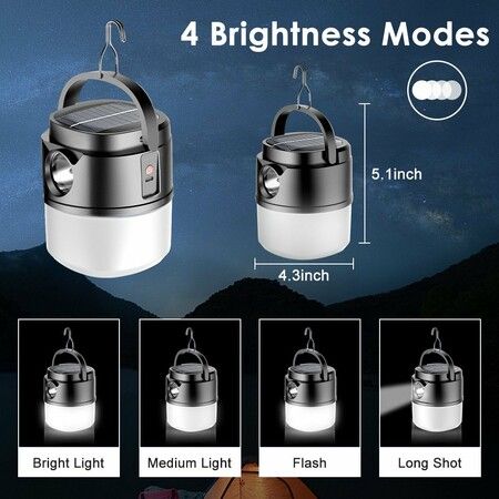 Solar LED Camping Light Tent Lantern with Hook Portable Tent Lamp 4 Modes Outdoor Flashlight for Camping Hiking Fishing Home Emergency