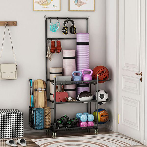 Yoga Mat Ball Storage Rack Weight Dumbbell Kettlebell Shelves Shelf Garage Racking Holder Steel Stand Gym Organizer with Hooks Wheels