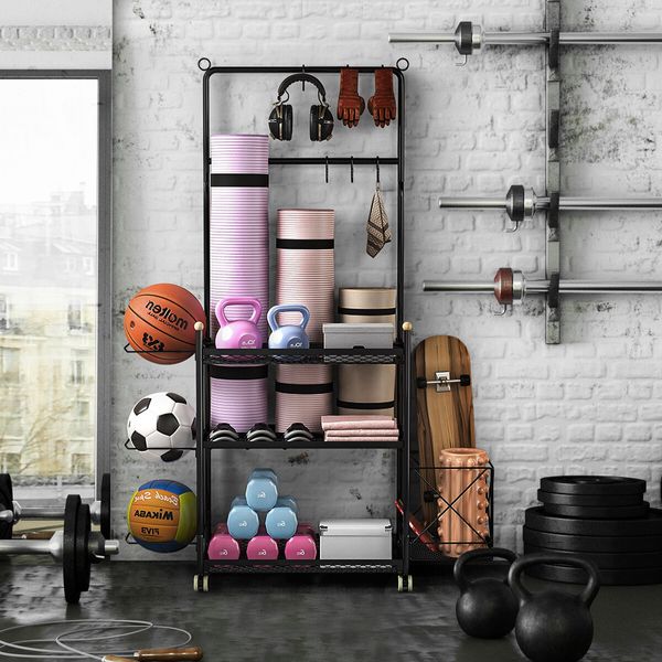 Yoga Mat Ball Storage Rack Weight Dumbbell Kettlebell Shelves Shelf Garage Racking Holder Steel Stand Gym Organizer with Hooks Wheels