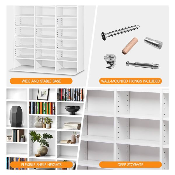 Bookshelf Media Storage Shelf 528 DVD/1116 CD Display Cabinet Rack Stand Unit Movie Music Video Game Collection Organiser Tray Cupboard White