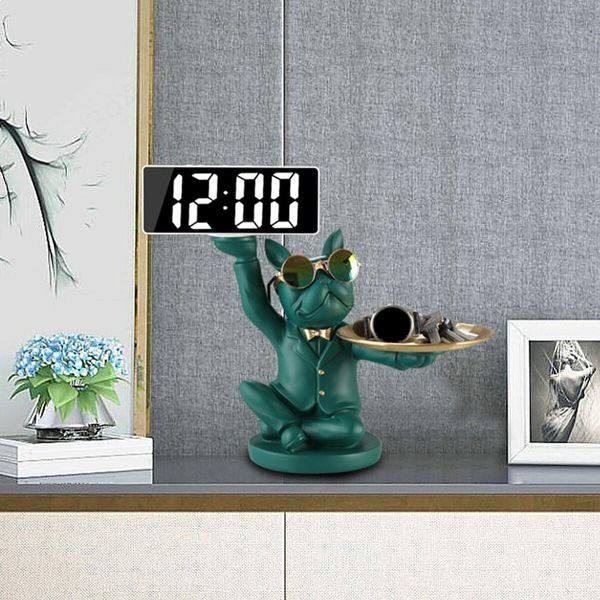 Bulldog Desk Storage Tray Statue Animal Sculpture Key Holder Decorative Desk Organizer for Home Decor-Green