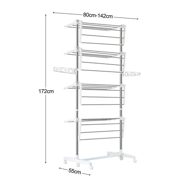 4 Tier Clothes Airer Clothing Drying Rack Cloth Coat Pants Hanger Portable Standing Foldable Laundry Holder Stand with Shelves and Wheels