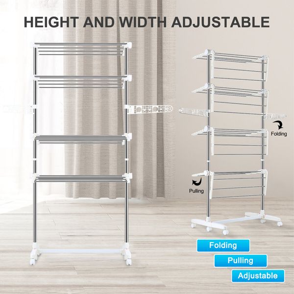 4 Tier Clothes Airer Clothing Drying Rack Cloth Coat Pants Hanger Portable Standing Foldable Laundry Holder Stand with Shelves and Wheels