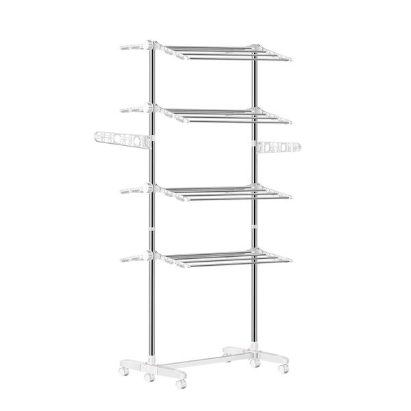 4 Tier Clothes Airer Clothing Drying Rack Cloth Coat Pants Hanger Portable Standing Foldable Laundry Holder Stand with Shelves and Wheels