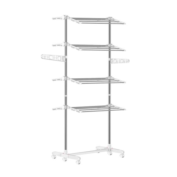 4 Tier Clothes Airer Clothing Drying Rack Cloth Coat Pants Hanger Portable Standing Foldable Laundry Holder Stand with Shelves and Wheels