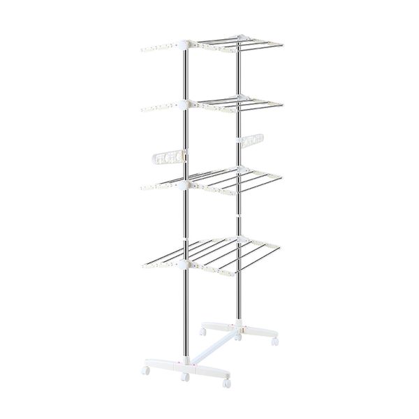 4 Tier Clothes Airer Clothing Drying Rack Cloth Coat Pants Hanger Portable Standing Foldable Laundry Holder Stand with Shelves and Wheels