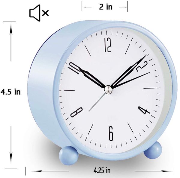 Alarm Clock,4 inch Super Silent Non Ticking Small Clock with Night Light,Battery Operated,Simply Design,for Bedroon,Bedside,Desk (Sky Blue)