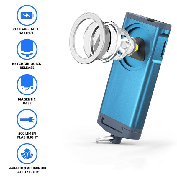 Mini Flashlight Keychain 500 Lumens Rechargeable Pocket Flashlight Magnetic Hat Clip for Travel,Walking,Hiking-Blue