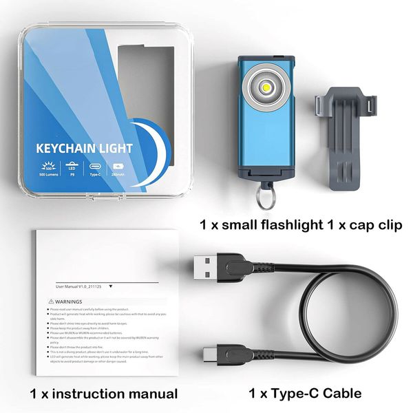 Mini Flashlight Keychain 500 Lumens Rechargeable Pocket Flashlight Magnetic Hat Clip for Travel,Walking,Hiking-Blue