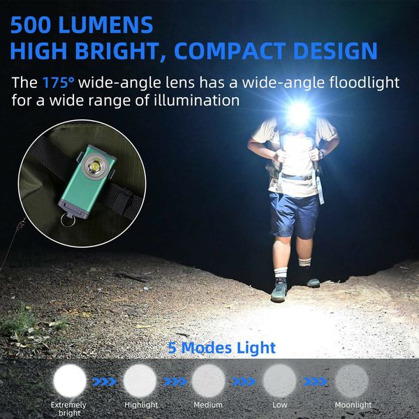 Mini Flashlight Keychain 500 Lumens Rechargeable Pocket Flashlight Magnetic Hat Clip for Travel,Walking,Hiking-Green