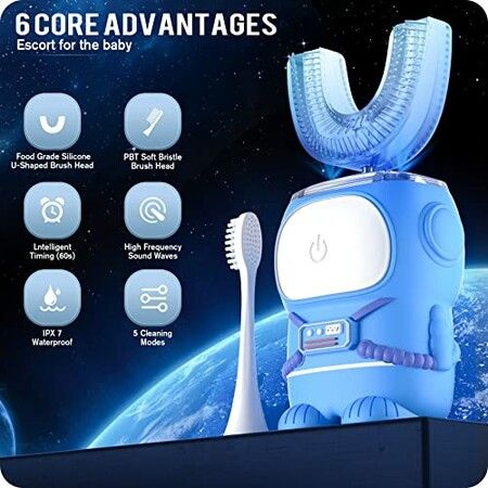 Kids U Shaped Electric Toothbrush, Sonic Toothbrush with IPX7 Waterproof, 5 Cleaning Modes, 60S Smart Reminder Cartoon Astronaut Design ( Ages 7-14)