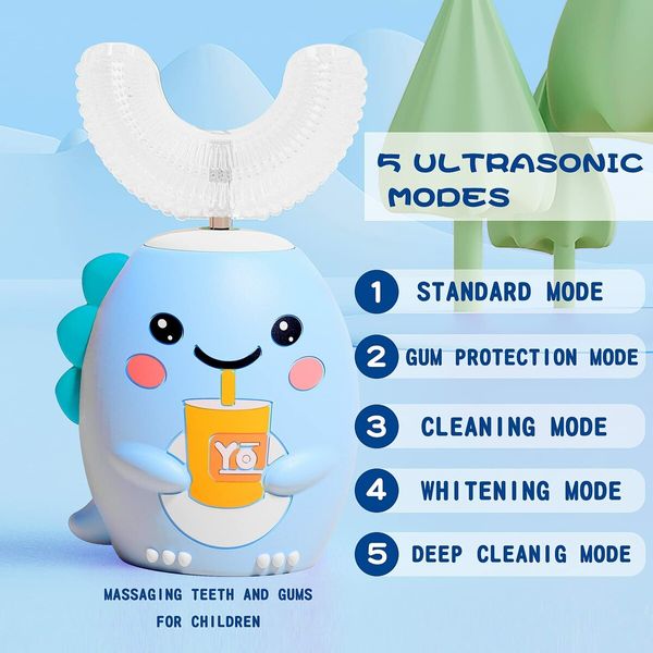 Kids U Shaped Electric Toothbrush with 4 Brush Heads with 5 Modes, Cartoon Dinosaur 360-Degree Cleaning IPX7 Waterproof Design (6-12 Age (Blue))