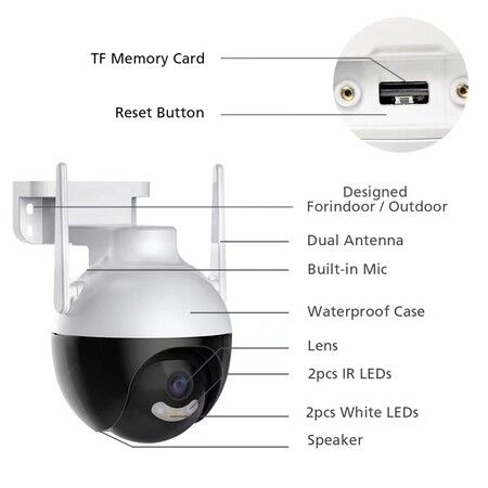 WiFi PTZ 4MP Outdoor IP Two Way Audio Camera 5X Digital Smart Zoom lnfrared/Color Night Vision CCTV Surveillance