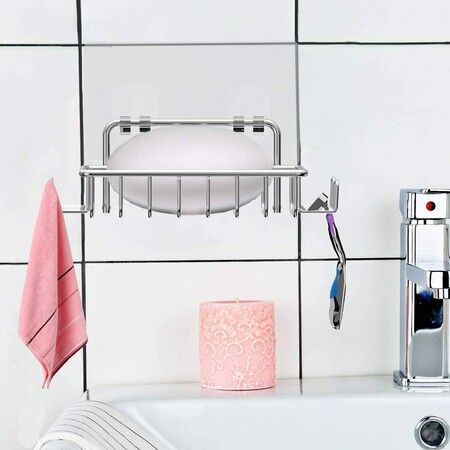 12 x 8 cm Bar Soap Holder for Shower Wall with 4 Hooks, Stainless Steel Adhesive Soap Dish for Bathroom