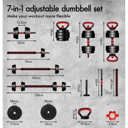 BLACK LORD 20kg Dumbbell Set 7in1 Adjustable Barbell Kettlebell Home Gym Fitness