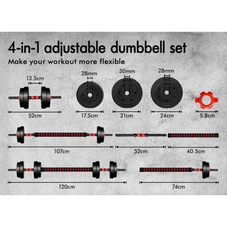 BLACK LORD 40kg Dumbbell Set 4in1 Adjustable Barbell Weight Home Gym Fitness