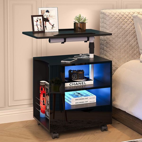 Black Bedside Table Bedroom Furniture Nightstand Modern Storage Cabinet Desk Laptop Stand with Drawer Adjustable Smart