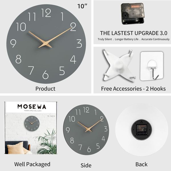 Wall Clock,Silent Non-Ticking 10 Inch Wall Clocks Battery Operated,Modern Style Wooden Clock Decorative for Kitchen,Home,Bedrooms,Office (10Inch Grey)